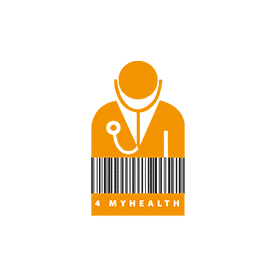 Logo von 4 MYHEALTH - Symbol eines Arztes in dunkelgelb mit Strichcode um den Bauch