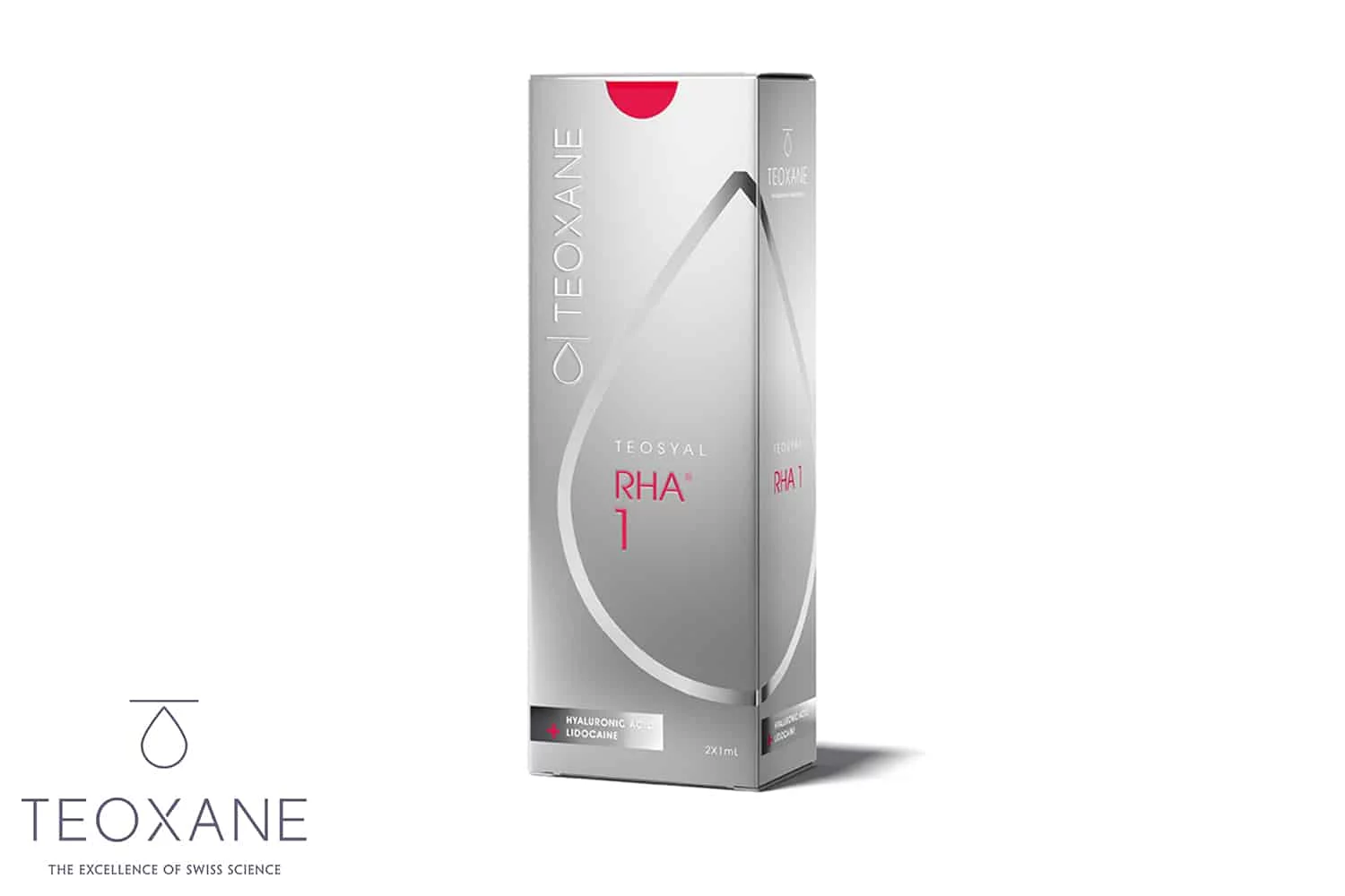 TEOSYAL RHA® 1 | Hyaluronsäure für oberflächliche und feine Falten sowie die periorale Region | Silber-Graue Verpackung mit roter Schrift