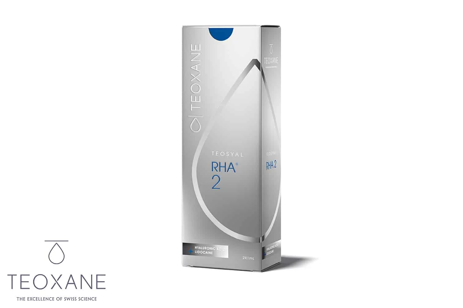 TEOSYAL RHA® 2 | Hyaluronsäure für moderate Falten, die Lippenkontur, leichtes Lippenvolumen und periorale Region | Silber-Graue Verpackung mit blauer Schrift