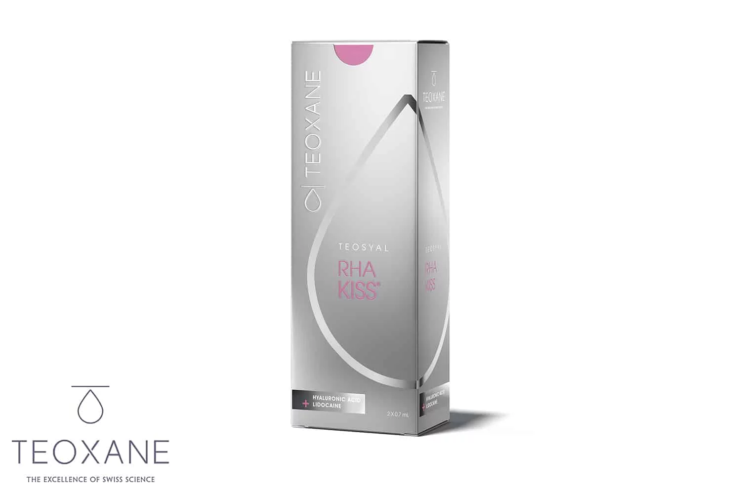 TEOSYAL RHA® KISS | Hyaluronsäure für die Auffrischung Lippenkontur und ein dezentes Re-Shaping der Lippe | Silber-Graue Verpackung mit rosa Schrift