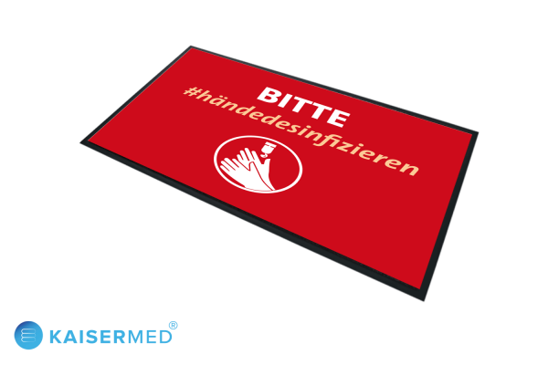 LOGOMATTE CORONA mit der Aufschrift “BITTE #händedesinfizieren” in rot - Bedruckter Teppich mit Symbol und Schrift