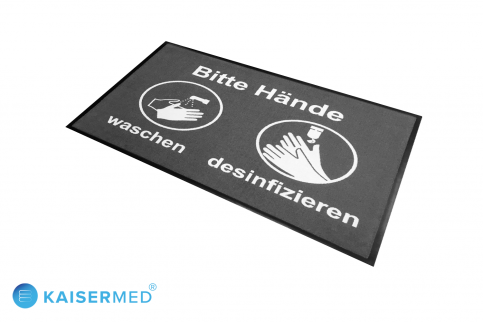 Bedruckte Logomatte / Teppich mit der Aufschrift "BITTE HÄNDE WASCHEN & DESINFIZIEREN" dazu das Symbol von Händen die desinfiziert werden und Händen die gewaschen werden