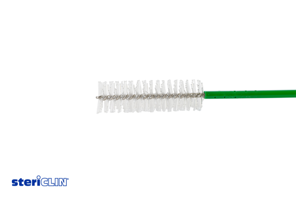 Runde Instrumentenbürste für Endoskope mit weißen Borsten und grünem Kunststoffgriff