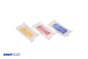 SteriClin Gefäßschlingen in Rot, Gelb und Blau in steriler Verpackung nebeneinander