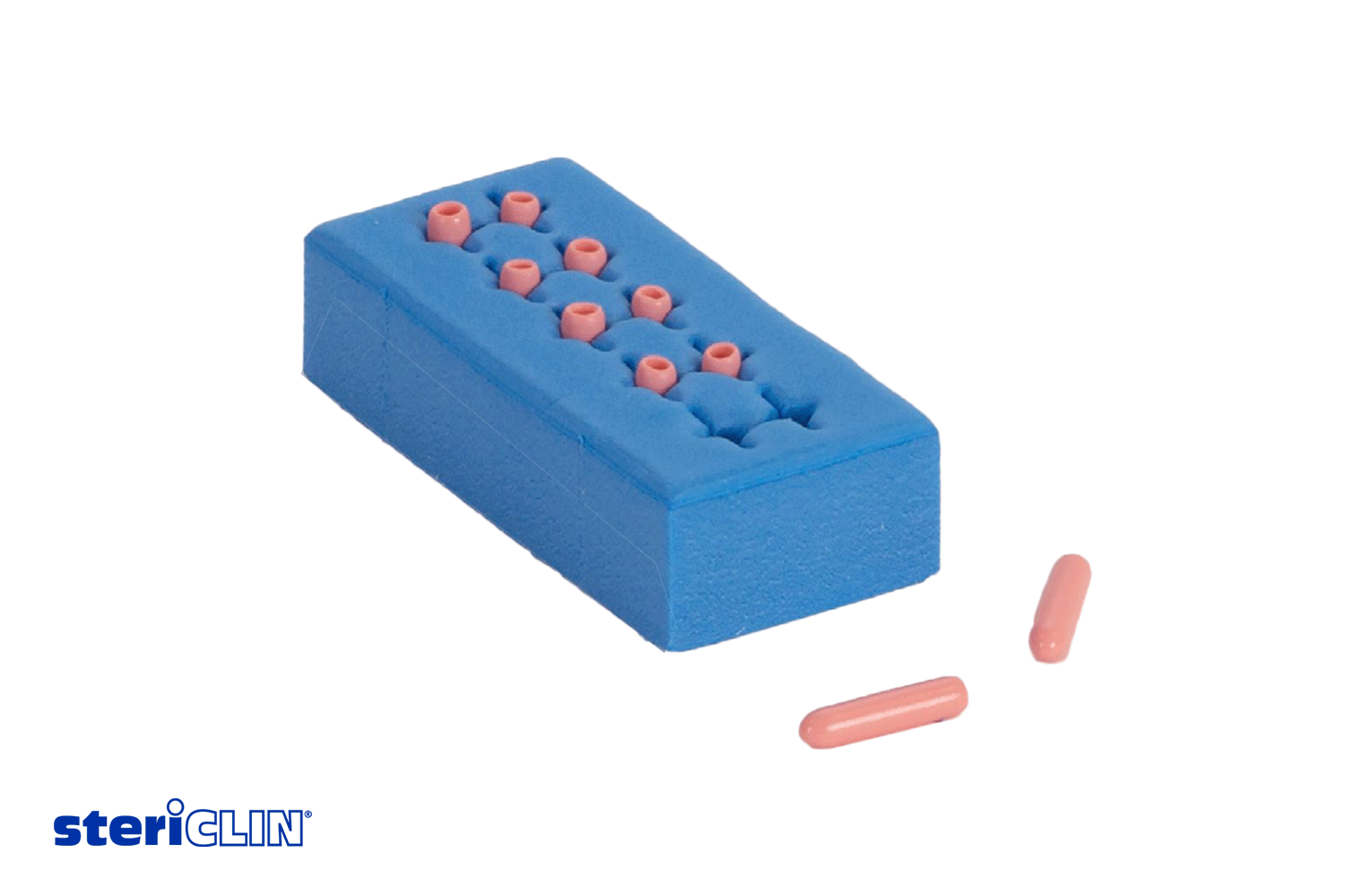 SteriClin Instrumentenpolster aus blauem Schaumstoff mit rosa Haltern