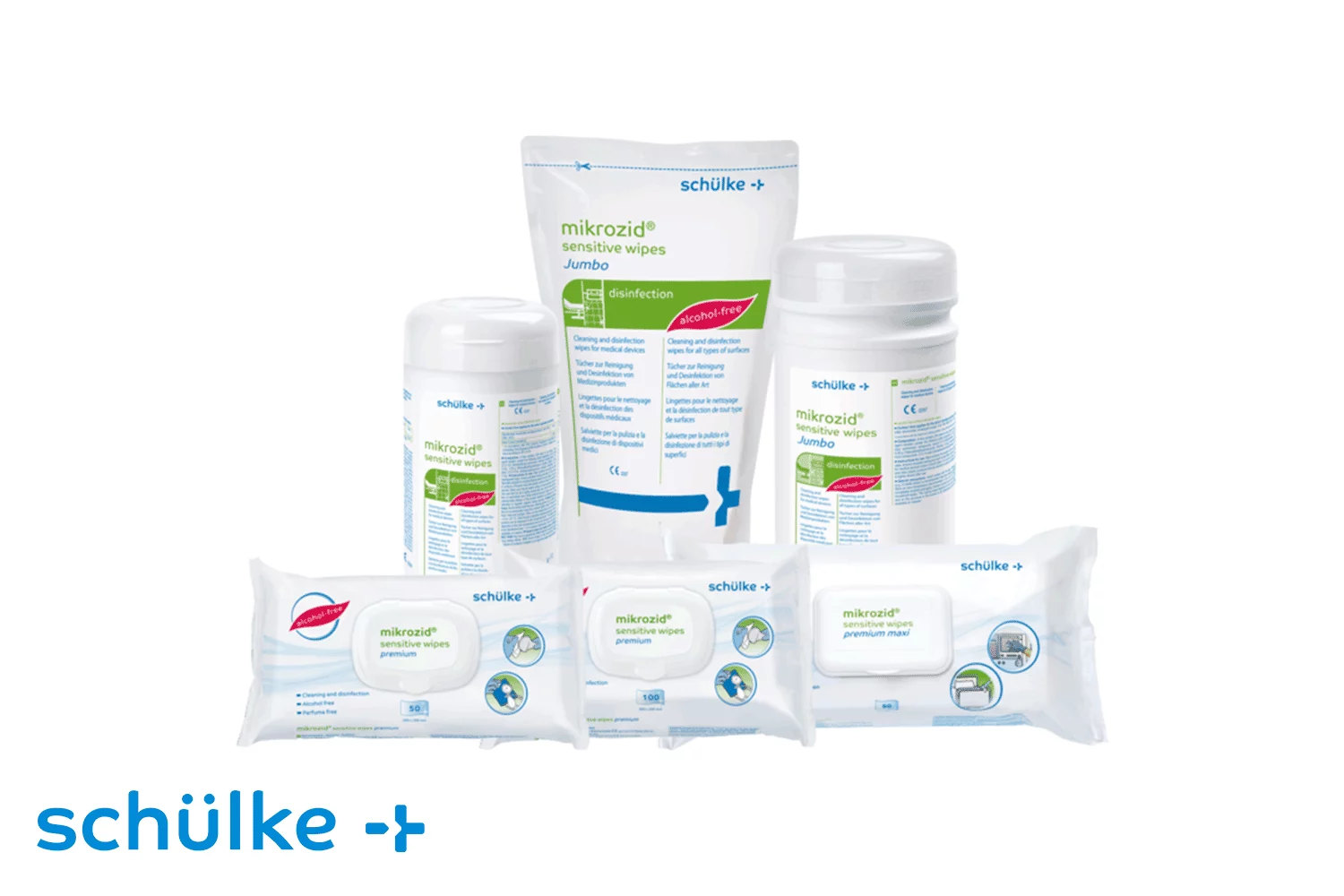 Schülke Sortiment mit Mikrozid Sensitive Wipes in verschiedenen Verpackungsformen