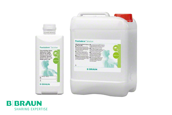 Prontoderm® Lösung zur MRE- Dekolonisation 500ml Flasche und 5l Kanister nebeneinander in weiß