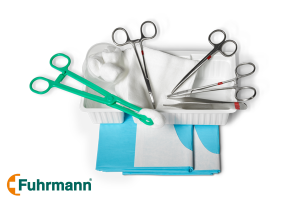 Fuhrmann steriles Wundversorgungs-Set fein mit Nadelhalter, Präparier-Schere, Adson-Pinzette, Micro-Mosquito-Klemme, Schlinggazetupfer, Mullkompressen, Kunststoffschale