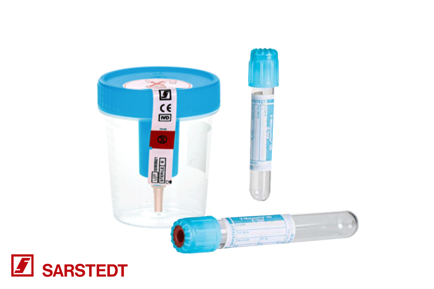 Becher VD mit Sicherungsetikett und Transfereinheit, daneben zwei V-Monovette® VD zur Virus-Diagnostik mit hellblauem Deckel