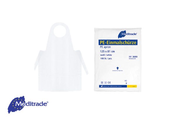 weiße PE-Einmalschürze und passende Verpackung von Meditrade