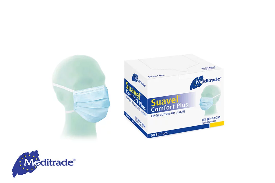 Puppenkopf trägt Meditrade Suavel® Comfort Plus OP-Maske zum binden