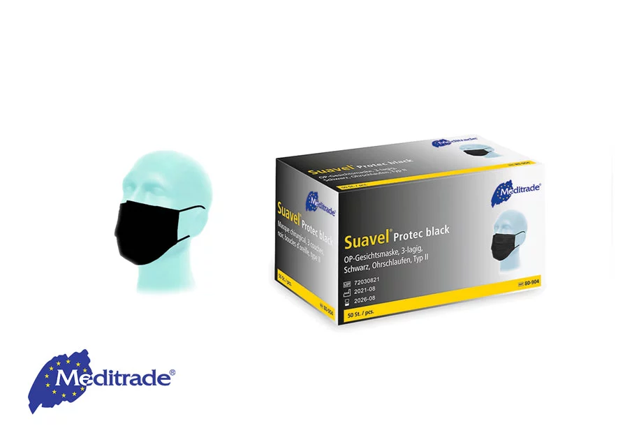 Puppenkopf trägt Meditrade Suavel® Protec Black OP-Maske in schwarz