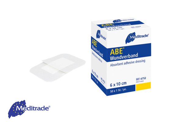 Meditrade ABE® Wundschnellverband aus Vlies mit Verpackung, daneben ein einzelnes Pflaster