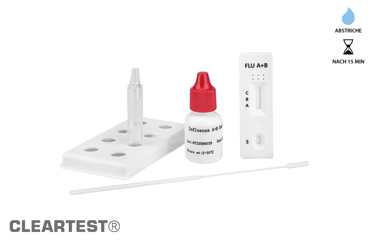 Inhalt der Cleartest Packung, Nasenabstrich Tupfer, Fläschchen und Testkasette