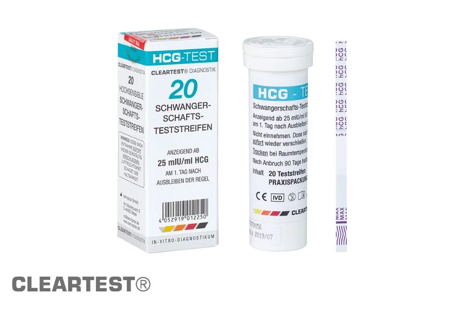 Cleartest hCG Schwangerschaftsteststreifen, Verpackung und Behälter
